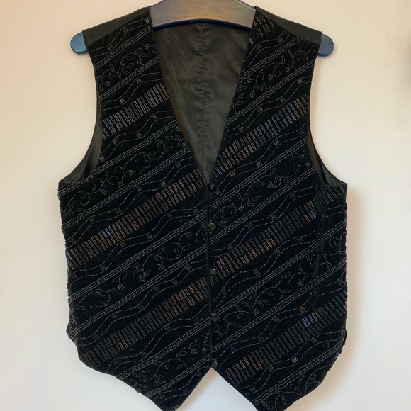 Vintage CACHE Black Beaded Evening Tuxedo Vest Women's Sleeveless sz L 80s Adjus - Picture 2 of 13